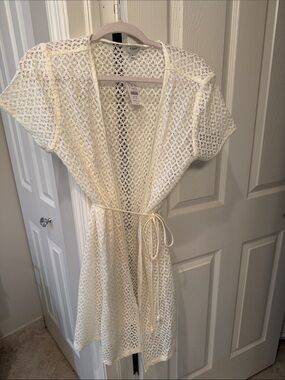 J. Crew Ivory Crochet Tie-Waist Open Front Cover-Up
